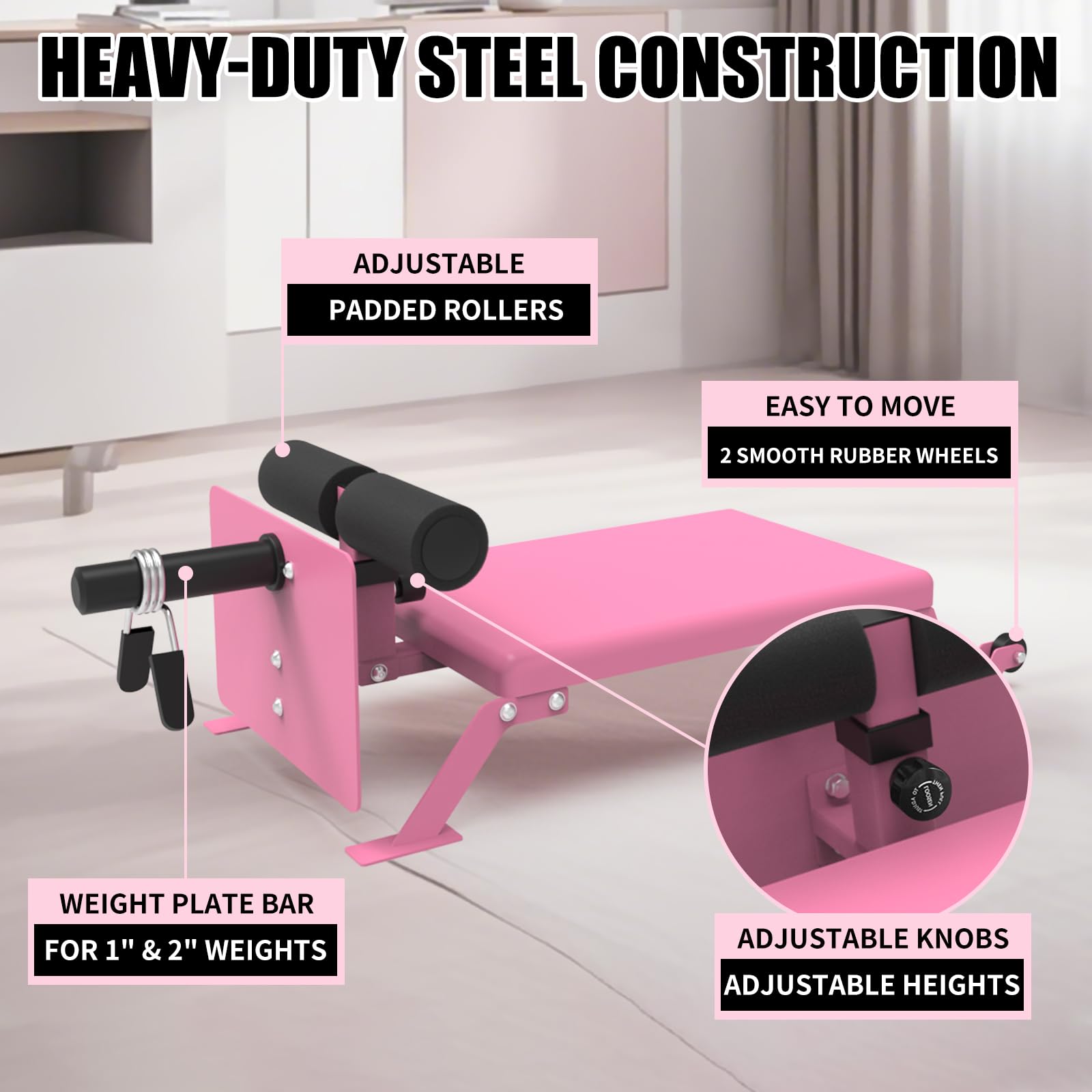 Garvee Nordic Curl Machine Adjustable Hamstring & Glute Bench with Wheels for Home Gym 45.9x18x13.7 inch Pink