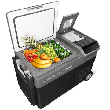 Garvee 40QT 12V Portable Car Fridge Freezer with Ice Maker, Dual Zone Compressor Cooler -4°F to 68°F, Wheels + Tabletop, AC 110-240V/DC 12/24V (Solar Port + Charging Board; R600a; US Market)