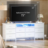 Garvee 63" Long Dresser for Bedroom with 10 Fabric Drawers, Entertainment Center TV Stand 65"-75" TV,  White Dresser with Power Outlet & LED Light Storage Drawers - White