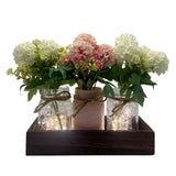 Garvee Farmhouse Mason Jar Centerpiece Set of 3 with LED String Lights & Wood Tray - Faux Pink Carnation Flowers, Glass Jar Vases - Rustic Table Decor for Wedding, Dining - Pink carnation - Pink bottle - Colorful