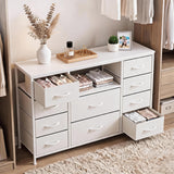 Garvee Scandinavian Industrial TV Stand 8 Fabric Drawers 3 Open Shelves Particleboard White Metal Frame Adjustable Feet Living Room