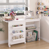 Garvee Folding Sewing Table with Storage 3-Spool Rack Lockable Casters Wooden Frame Space-Saving Design for Home & Studio - White
