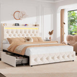 Garvee Full Upholstered LED Bed Frame with Storage Headboard, 2 Drawers & USB Charging Station – No Box Spring Needed, Soft Flannel Fabric – FULL off tone shade tone (flannel)