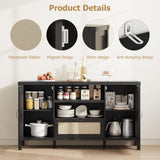 Garvee Farmhouse Boho Rattan Sideboard Buffet Cabinet – 59" Wooden Coffee Bar with Ample Storage, Drawers & Open Shelves, Entryway Organizer for Dining, Living Room, Kitchen – System Default_1