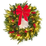 Garvee 24-Inch Pre-Lit Christmas Wreath for Front Door - 50 LED Lights with Large Red Bow, Pine Cones & Berries for Indoor/Outdoor Holiday Decor