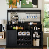 Garvee Farmhouse Coffee Bar Cabinet 47" with Charging Station & Wine Racks, Engineered Wood, Slim Profile & Sturdy Design, Black, Perfect for Kitchen or Dining Room