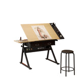 Garvee Adjustable Height Drafting Table for Artists – Tilting Top 0-75°, 2 Storage Drawers, Stool Included – Art & Drawing Desk for Home Office, Painting Workstation – White Oak, Natural Wood Color