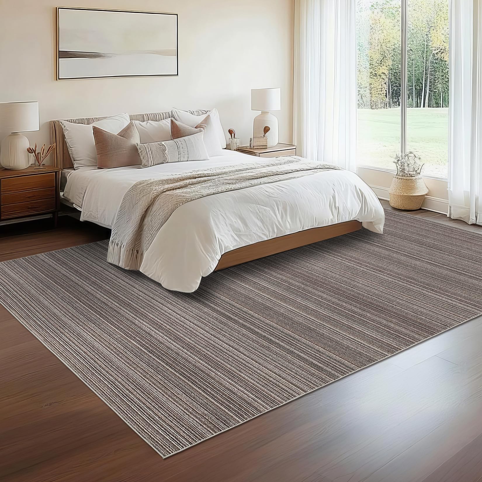 Garvee Modern Striped Washable Area Rug - Low Pile Non-Slip Contemporary Carpet - Soft, Collapsible, Mark Resistant Floor Mat for Living Room, Bedroom, Dining Room - Brown, 8x10ft (244x305cm)