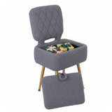 Garvee Sherpa Vanity Stool Chair with Hidden Storage - Folding Backrest Makeup Ottoman Seat, Soft Upholstered Small-Space Accent Chair, Gold Legs - Gray