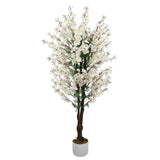 Garvee Lifelike Artificial Wintersweet Tree for Home Decor – Faux White Plum Blossom Plant with Natural Trunk & White Planter – Realistic Evergreen for Living Room, Office – Size: 150cm, Winter Plum, White, Single Tree - White 5Ft