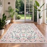 Garvee Floral Rug 4 x 6, Non-Shedding Indoor Foldable Printed Rug for Bedroom Kitchen, Non-Slip Soft Vintage Throw Low Pile Farmhouse Washable Carpet, Pink