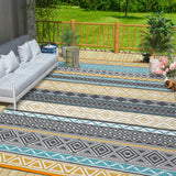 Garvee Outdoor Teal & Yellow 9x12 Patio Rug, Plastic Straw Waterproof UV-Resistant Reversible with Stakes Portable for RV Deck Picnic