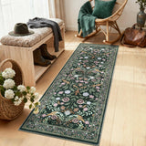 Garvee Floral Washable Runner Rug Non Slip Ultra-Thin Soft Floor Carpet Boho Flower Design Dark Green for Hallways Kitchen Laundry Bath