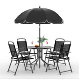 Garvee Patio Dining Set for 4 with Umbrella, Tempered Glass Table, Folding Chairs, Breathable Fabric, Steel Frame, Outdoor Garden Use - Black