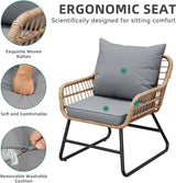 Garvee 4-Piece Modern Patio Bistro Set – All-Weather PE Wicker Sofa, Tempered Glass Table, Removable Washable Cushions, Straight-Leg Design, Outdoor Conversation Furniture for Garden, Balcony, Porch, Poolside – Four-piece set straight-leg gray pillow