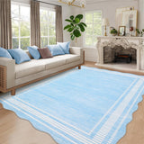 Garvee Modern Scalloped Rug Sky Blue 9x12 Washable Rugs for Living Room, Non-Slip Non-Shedding Faux Wool Soft Carpet, Minimalist Solid Neutral Large Floor Mats for Home Office Decor