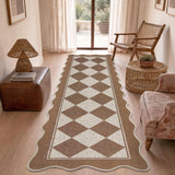 Garvee 2' × 6' Scalloped Checkerboard Runner Rug, Washable Non-Slip Low-Pile Rug for Hallway, Kitchen & Entryway, Brown