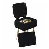 Garvee Sherpa Vanity Stool Chair with Hidden Storage - Folding Back Makeup Ottoman Seat, Soft Upholstered Small-Space Accent Chair, Gold Legs - Black