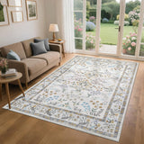 Garvee Floral Rugs for Living Room 10x13 Washable Soft Pearl Velvet Non-Slip TPR Backing Low Pile Foldable Polyester Beige Green Black Bedroom Dining Office Nursery
