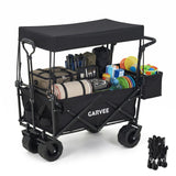 Garvee Heavy-Duty Folding Utility Wagon with Canopy, 220 lb Push/Pull Garden Cart, Large Wheels for Sand, Cup Holders, Collapsible Outdoor Wagon - Black, English area