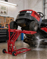 Garvee 550 lbs Heavy Duty Hydraulic Lawn Mower Lift Jack for Zero Turn & Riding Mowers, Adjustable Wheelbase 15.7"-33.8" W & Height 15"-29", Foldable Tractor Repair Hoist with 1m Straps, Red