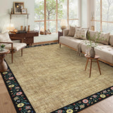 Garvee 10x13 Natural Floral Bordered Area Rug, Washable Non-Slip Low Pile Faux Jute Carpet for Large Living Room Dining Room, Black Floral