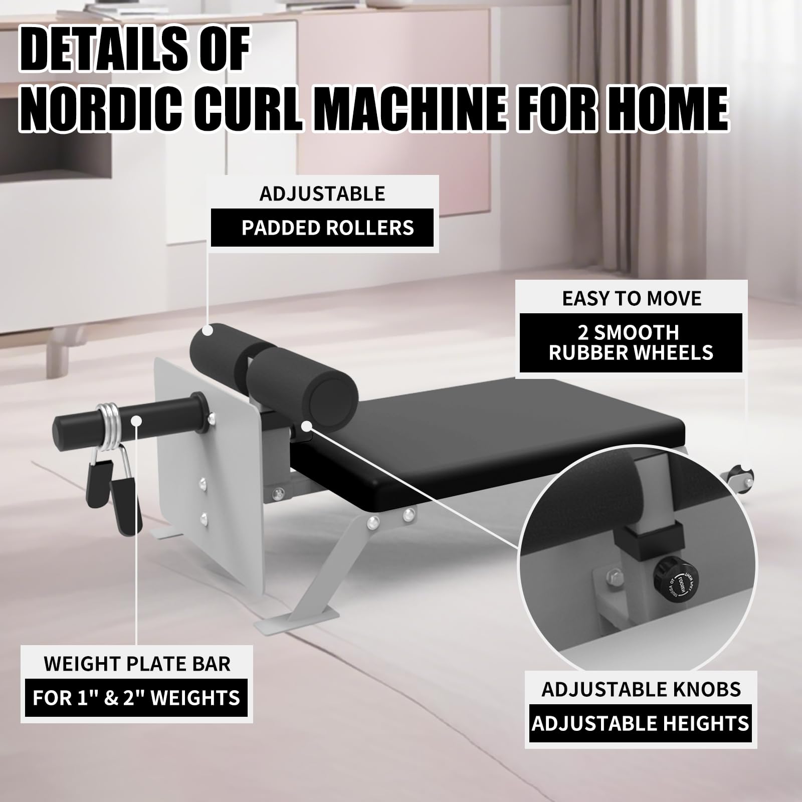 Garvee Nordic Curl Machine Adjustable Hamstring & Glute Bench with Wheels for Home Gym 45.9x18x13.7 inch White