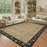 Garvee 9x12 Natural Floral Bordered Area Rug, Washable Non-Slip Low Pile Faux Jute Carpet for Living Room Dining Room Farmhouse Decor, Black Floral