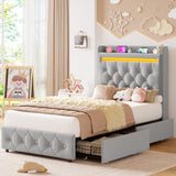 Garvee Twin Upholstered LED Bed Frame with Storage Headboard, 2 Drawers & USB Charging Station – No Box Spring Needed, Soft Flannel Fabric – TWIN light gray (flannel)