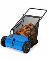 Garvee 26" Push Lawn Sweeper, Blue Carbon Steel Yard Cleaning Tool, 7 cu. ft. Collection Bag, Adjustable Brush Height, 5:1 Wheel Gear Ratio, Smooth Plastic Wheels, Leaf Rake Included, for Grass, Driveways and Patios - Blue