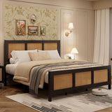 Garvee Boho Rattan Queen Bed Frame with Headboard – Sturdy Metal Slats – Noise-Free – No Box Season Needed – Platform Design – Black Q - Black F
