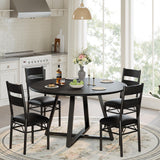 Garvee Space-Saving 5-Piece Round Dining Table Set for 4 – Thick Wooden Circle Top, 4 Upholstered Tall Back Chairs, Reinforced Metal Frame – Modern Industrial Style – PVC Black Embossed