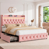 Garvee Full Upholstered LED Bed Frame with Storage Headboard, 2 Drawers & USB Charging Station – No Box Spring Needed, Soft Flannel Fabric – FULL pink (flannel)