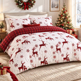 Garvee Christmas Duvet Cover Set Reversible Microfiber Plaid Soft Brushed Fabric Hidden Zipper Corner Ties Holiday Bedroom Decor - Reindeer Gathering
