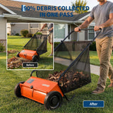 Garvee Quiet 21" Manual Push Lawn Sweeper - Walk-Behind Yard Leaf & Grass Collector, 6 cu ft Garden Cart Bag, Adjustable Brush Height, Carbon Steel Frame - Color / - Specs / - Orange/Brushes