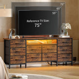 Garvee 63" Long Dresser for Bedroom with 10 Fabric Drawers, Entertainment Center TV Stand 65"-75" TV,  White Dresser with Power Outlet & LED Light Storage Drawers - Wood