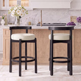 Garvee Curved-Back Counter Height Bar Stools Set of 2 - Upholstered Padded Seat, Solid Wood Legs, Built-In Footrest - Kitchen Island/Home Bar Chairs - Light Beige style Linen + Black, 2-Pack