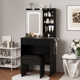 Garvee Makeup Vanity Desk with Mirror and Lights, Vanity Table with Charging Station, Power Outlets & USB Ports, Drawers, Shelves, Stool Included, LED Vanity Desk for Bedroom, Black