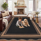 Garvee 6' × 9' Scalloped Easy Jute Border Area Rug, Black & Brown, Washable Low-Pile with Non-Slip Backing for Living Room, Bedroom & Dining Room