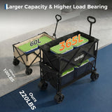 Garvee Double-Decker Folding Utility Wagon Cart - 220 lb Capacity - 365L Expandable Storage - All-Terrain Big Wheels, Brake, Cup Holders - Collapsible Outdoor Cart for Garden, Beach, Camping - Black