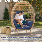 Garvee Oversized Wicker Egg Patio Chair, 500 lb Capacity Indoor/Outdoor Lounge - All-Weather PE Rattan - Steel Frame & Metal Base - Thick Waterproof Cushion, Non-Slip Feet - Color: Log + Military Blue - Blue
