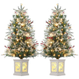 Garvee 3ft Pre-Lit Snow-Flocked Tabletop Artificial Christmas Tree - 78 Warm White LED Lights, Battery Timer, Potted Elk Base, Set of 2 - Reindeer Light Box, 2 Products per Box - Fiber Optic-Deer Base
