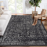 Garvee Machine Washable 9x12 Area Rugs for Living Room Vintage Rugs Non Slip Low Pile Water Resistant Soft Print Pattern Carpet for Bedroom Indoor Decor Polyester Rug Black