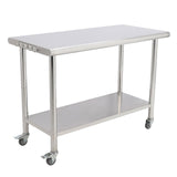 Garvee 48"L x 24"W x 35"H Nsf Commercial Stainless Steel Prep Table Work Table with Backsplash, Adjustable Undershelf, 5 Hooks and Wheels, Heavy Duty Workbench Workstation for Home Kitchen Restaurant Outd - With Casters, Without Back Plate, 08 Curved Edge With Hook