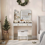 Garvee Small Vanity Desk, Makeup Table with Lighted Mirror and Charging Station, Modern Vanity Table Set with Storage Drawers, Open Shelves and Storage Stool, Ideal for Girls Women, Cream White - Black White Wood Grain