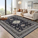 Garvee 8' x 10' Vintage Persian Medallion Area Rug, Machine Washable Non-Slip Low-Pile Soft Rug for Living Room, Bedroom & Dining Room, Black