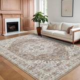 Garvee Vintage Living Room Rug 8 x 10 Washable Oriental Medallion Accent Rug with Non-Slip Backing, Large Floral Print Floor Mat, Soft Low Pile Area Rug for Bedroom, Office, Camel