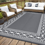 Garvee 9' x 18' Waterproof Reversible Outdoor Rug, Geometric Plastic Straw RV Mat, Includes 4 Stakes & Carry Bag for RV Awning, Long Deck & Camping, Gray