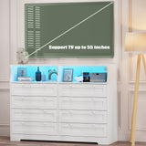 Garvee 8-Drawer Solid Wood Dresser for Bedroom, 55" Wide Chest of Drawers - LED Lights - Built-In Charging Station (USB/Outlets) - Modern Storage Cabinet/TV Stand, White