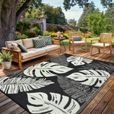 Garvee Outdoor Black & Beige 9x12 Rug Waterproof  Reversible Outdoor Plastic Straw Rug Tropics Palm Leaves Patio Rug Indoor Outdoor Carpet RV Mat for Deck Backyard Patio RV Camping Beach - Black & Beige
